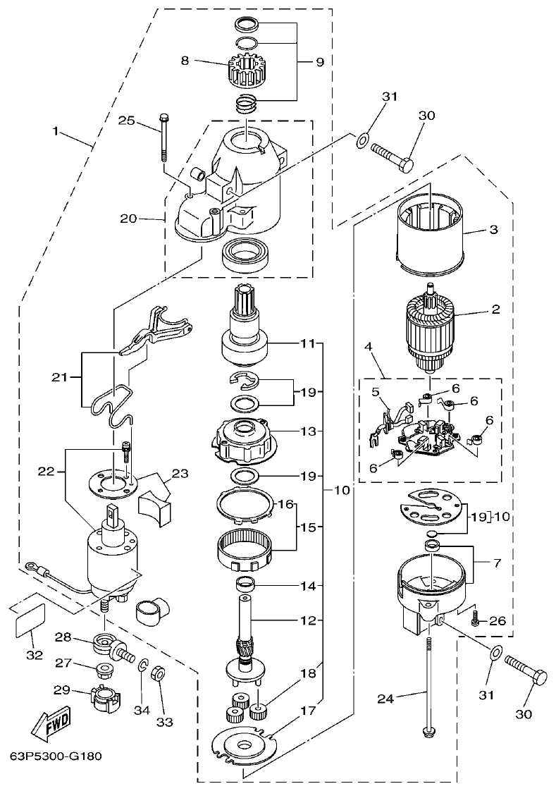 Yamaha F150BET, FL150BET STARTING MOTOR parts diagram